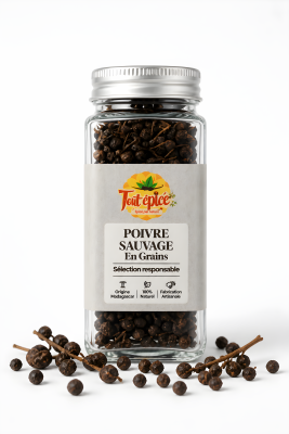 Poivre noir sauvage en grain présenté en bocal de 120ml avec moulin