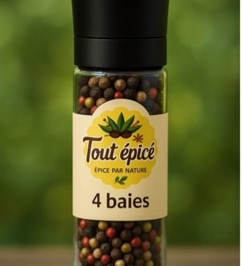 4 baies (poivre noir, blanc, vert et baies roses) présenté en bocal de 120ml avec moulin