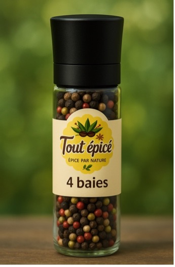 4 baies (poivre noir, blanc, vert et baies roses) présenté en bocal de 120ml avec moulin