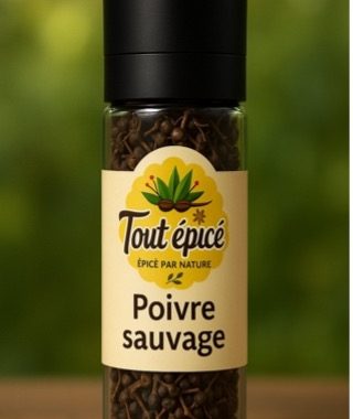 Poivre noir sauvage en grain présenté en bocal de 120ml avec moulin