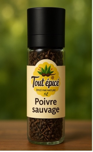 Poivre noir sauvage en grain présenté en bocal de 120ml avec moulin